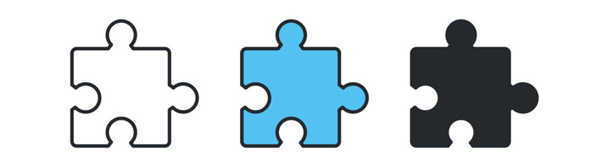 Three puzzle pieces in different colors: white, blue, and black, symbolizing connection and problem-solving.
