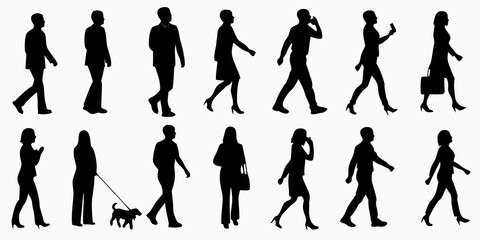 Fototapeta premium Diverse silhouettes of people walking showcasing different poses and styles