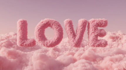 'LOVE' typography made of soft pink fluffy clouds, romantic and dreamlike pastel lettering floating in a sunset sky, aesthetic 3D cloud graphic for Valentine's and emotions