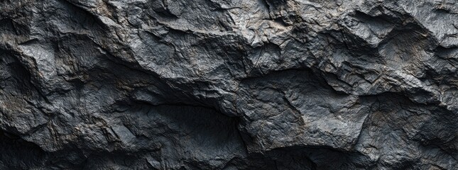 Close-up of rough, dark, textured rock face, showing fissures and variations