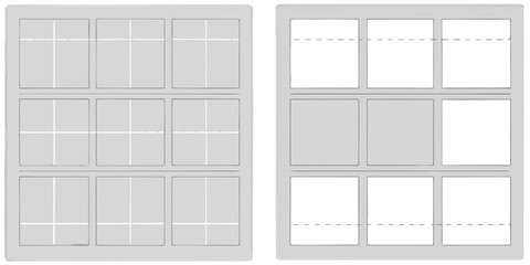 Grid layouts with blank and gray rectangular panels showing potential design options