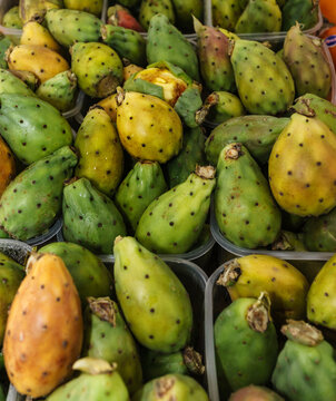 Chivasso, Piedmont, Italy - November 15, 2025: Prickly pears for sale at the food market.