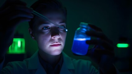 Scientist examining glowing blue liquid in laboratory setting