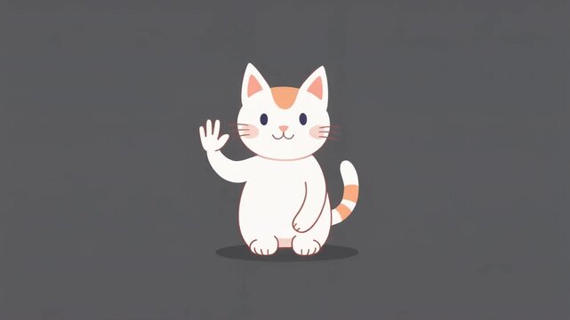 Adorable white cat with orange ears waving on gray background.