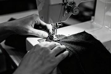 Person sewing fabric with machine