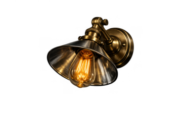 Vintage industrial wall sconce featuring a clear edison light bulb with brass and metal details on transparent background