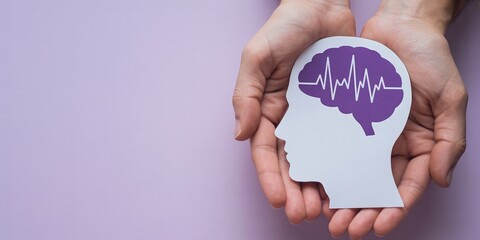 "Hands Gently Holding Brain Health Symbol, Purple EEG Waves, Medical Concept"