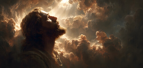 Jesus gazes upwards towards bright sun halo surrounded by dramatic clouds. Divine light illuminates his face. This spiritual artwork conveys faith and hope, perfect for religious themes.