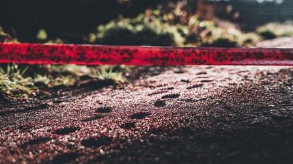 Fototapeta premium trespass. Red caution tape on ground with footprints crossing it, morning dew, soft daylight. event key visuals, club posters, designed for fitness apps and gym onboarding, supports training.