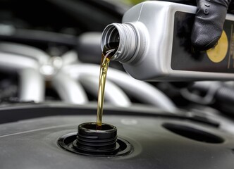Close-up of Engine Oil Change: Mechanic Pouring Fresh Oil into Vehicle Engine""