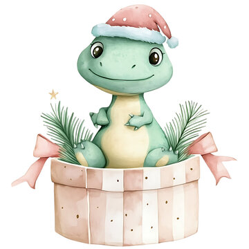 Adorable dinosaur in decorative hatbox watercolor