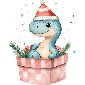 Adorable Dinosaur in Festive Hatbox Watercolor