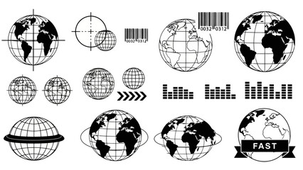 Obraz premium Collection of various globe icons and graphic elements, suitable for design and illustration.