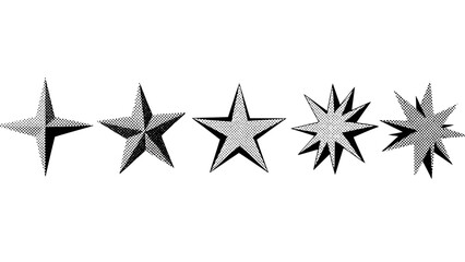 Five star shapes with varying points and styles in a row.