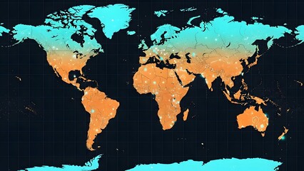 Vibrant world map with glowing dots on black background