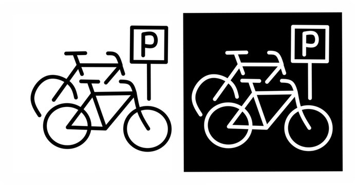 Minimal black and white bicycle parking icon set with positive and negative versions, clean line symbol ideal for signage, maps, apps, or urban transport design