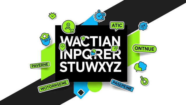 Graphic design with the word WACTIAN and other words, with a black background and green and blue elements.