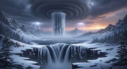 A surreal snowy landscape with a majestic frozen waterfall under a dramatic sky with a swirling ufo and vibrant sunset hues with mountains and trees