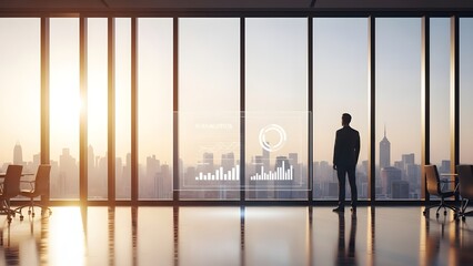 Businessman analyzing data in modern office with city skyline view