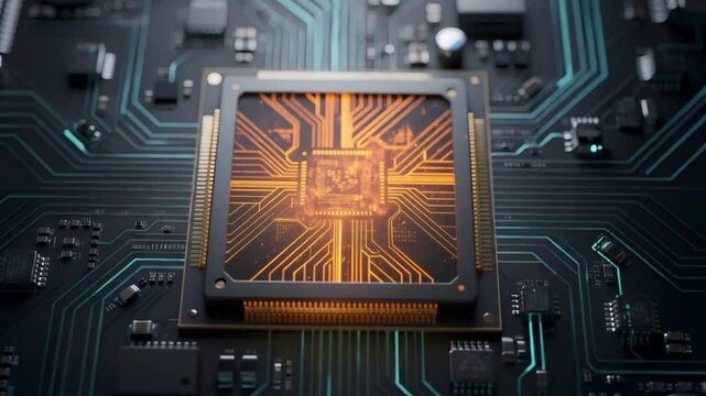 Advanced ai processor core animation video with glowing circuitry, high performance semiconductor computing technology, intelligent data processing and modern digital electronics background