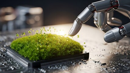 Robotic finger touching green grass on computer chip board