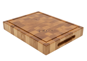 heavy-duty, rectangular end-grain cutting board of light european oak, detailed checkerboard pattern, deep juice groove, isolated on a transparent background. concept of artisanal kitchen utility