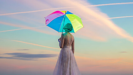 Elegant woman in white dress holding colorful umbrella outdoors