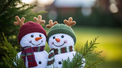 Adorable Snowman Duo in Winter Wonderland with Festive Decorations""