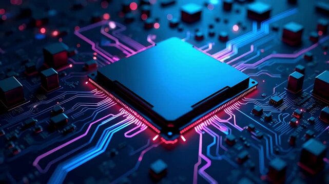 High speed processor chip animation video with neon circuit connections, advanced semiconductor computing technology, powerful ai data processing and modern electronics background