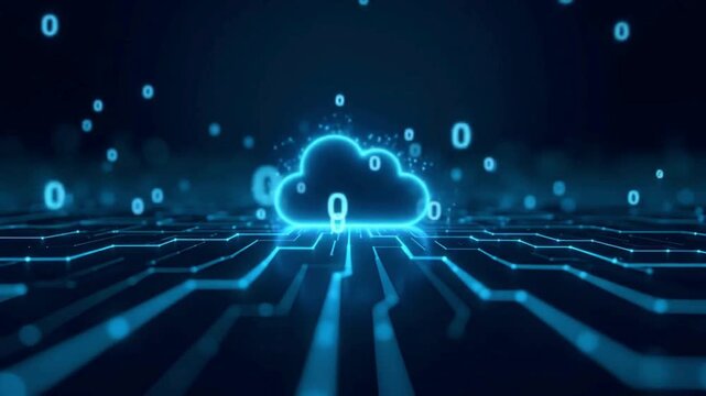 Digital cloud computing animation video with flowing data streams, online network infrastructure, secure storage technology and futuristic information processing background