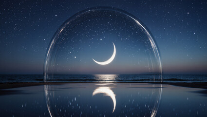 広告ポスター　ガラスドームの美しい三日月星空と水平線の海の風景