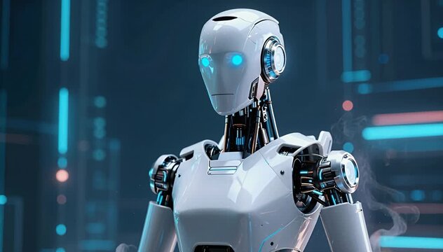 Futuristic android robot glowing blue eyes digital network background science fiction machine.