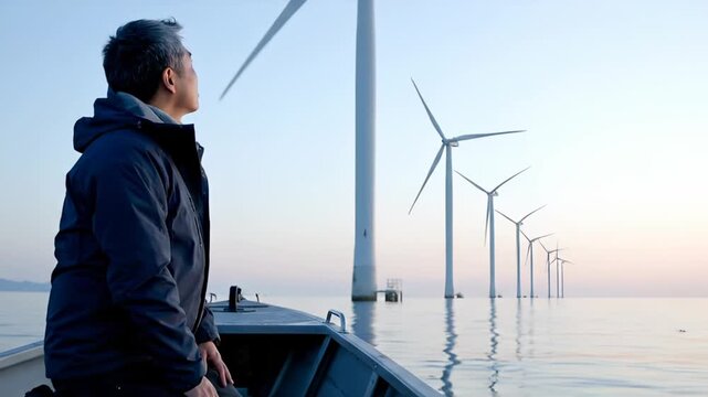 Man observes offshore wind turbines from boat at ocean farm. Engineer inspects windmills on water. Man views turbines from boat. Worker observes wind farm at sea. Offshore energy inspection.