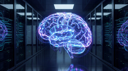 Modern digital brain hologram glowing in a dark server room, representing artificial intelligence, machine learning, big data processing, and neural network technology in a data cente
