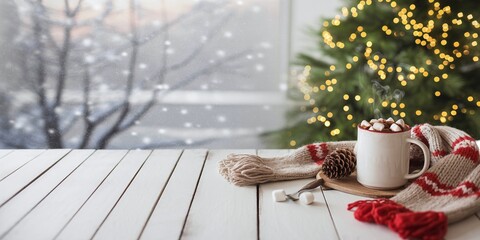 "Cozy Winter Scene: Hot Cocoa, Knitted Scarf, and Christmas Tree Lights"