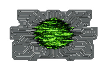 Circuit board with green glitching data displaying digital anomaly and hacking concept, on transparent background