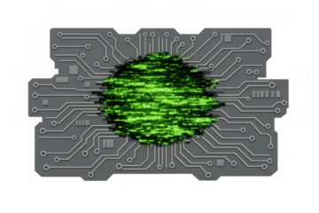 Circuit board with green glitching data displaying digital anomaly and hacking concept, on transparent background