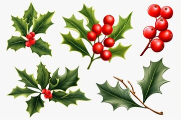 Fototapeta premium Holly leaves with red berries displaying traditional winter holiday decor elements