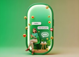 A woman texting on a smartphone using emojis in the concept of digital communication