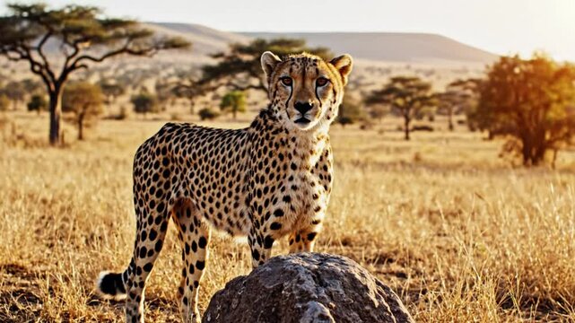 Magnificent cheetah standing atop a rock surveying its surroundings in golden savanna landscape