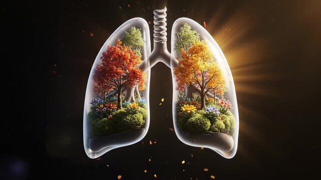 Human lungs creatively depicted as a vibrant forest ecosystem, glowing with inner light against a dark background, symbolizing health and environmental connection.