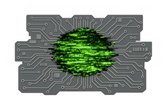 Circuit board with green glitching data displaying digital anomaly and hacking concept, on transparent background - Powered by Adobe