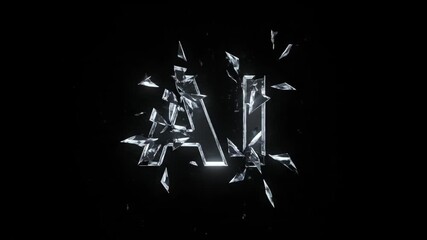 The "AI" acronym shatters into numerous glass-like fragments against a dark background, illustrating a breakdown, transformation, or complex evolution in artificial intelligence.