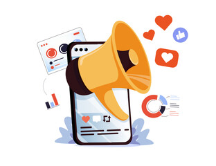 Social media marketing concept with megaphone, heart icon, dashboard analytics and engagement metrics. Social media