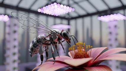 Robotic bee on pink flower in futuristic greenhouse with purple lights