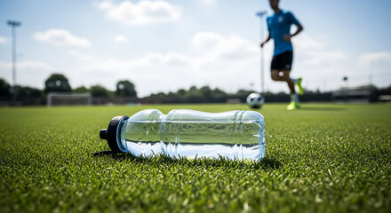 A clear plastic water bottle on a soccer field with a player in action in the background under a cloudy sky