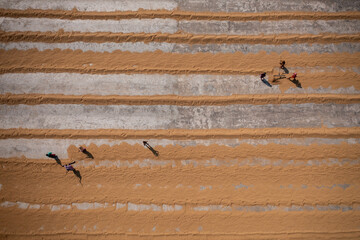 Brahmanbaria, Bangladesh - 29 October 2021: Aerial view of women spreading golden rice grains across concrete terraces under the warm sun, creating a textured landscape of agriculture.