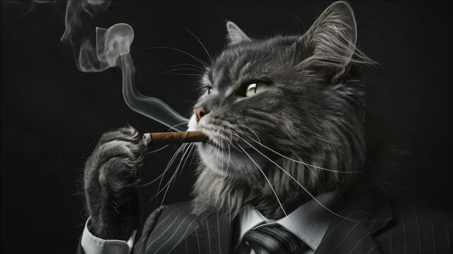 A confident and stylish cat donning a suit, smoking cigars in a sophisticated manner
