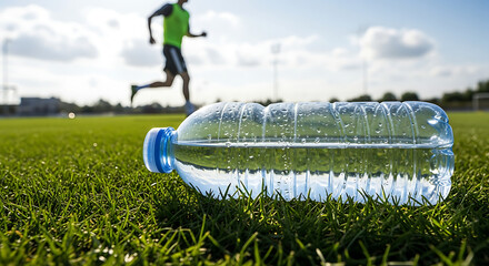 Fototapeta premium A clear plastic water bottle on a lush green field with a runner in the background on a sunny day