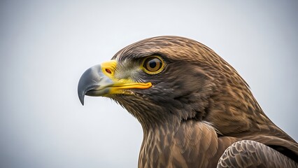 Fototapeta premium Closeup of a brown eagle with yellow eyes and beak looking sideways outdoors